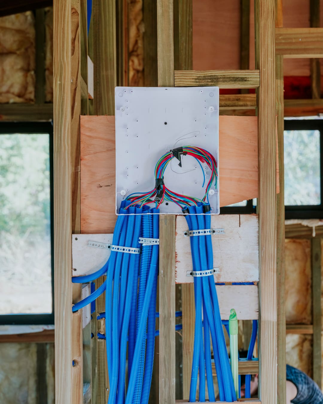 Distribution box on the stud wall with bundled blue conduits below.