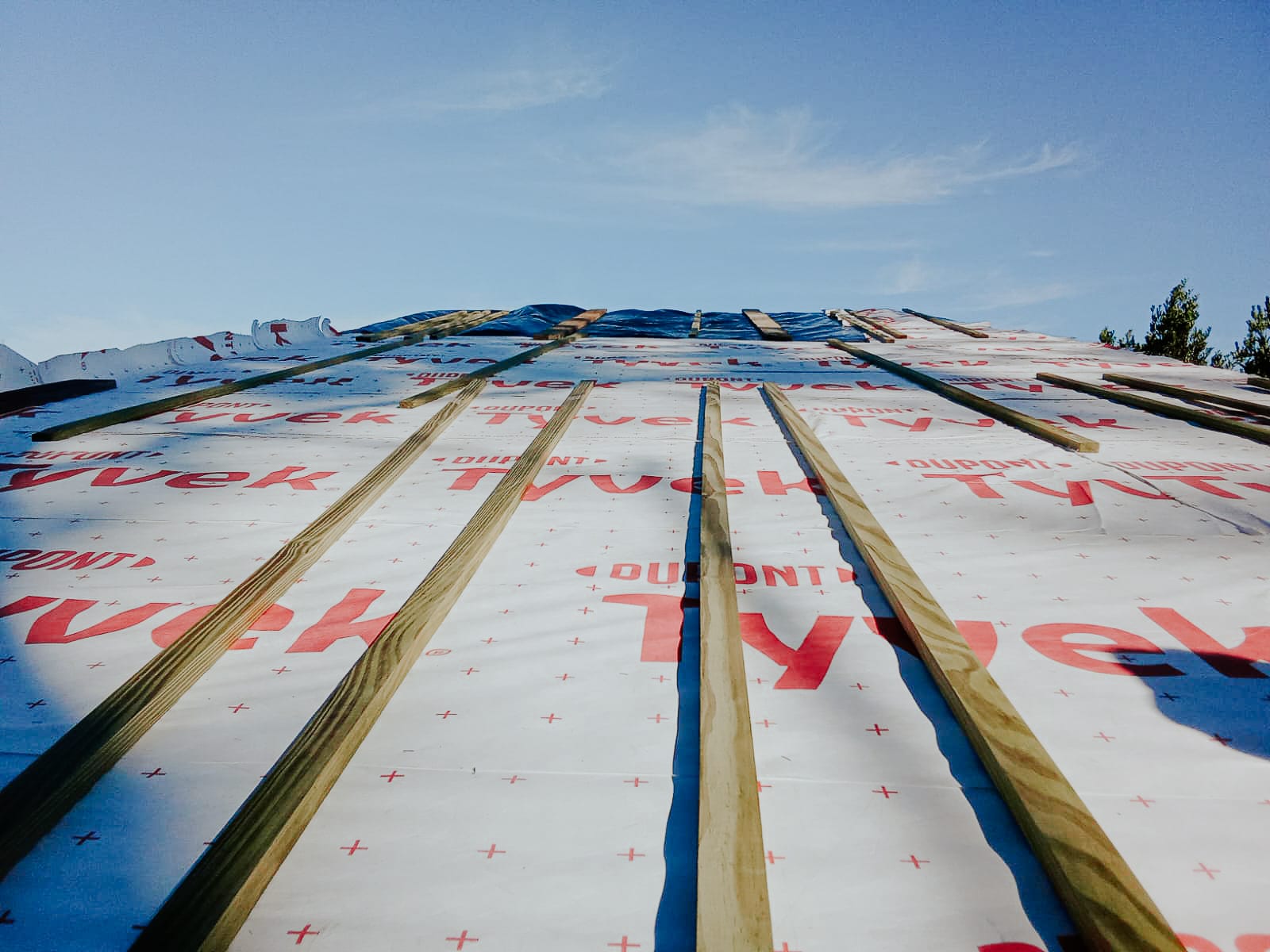 Roof membrane with timber battens nailed on, seen at an angle against the blue sky.