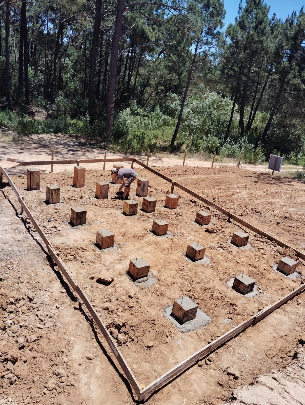 Foundation grid of concrete piers with rebar on red sandy ground.
